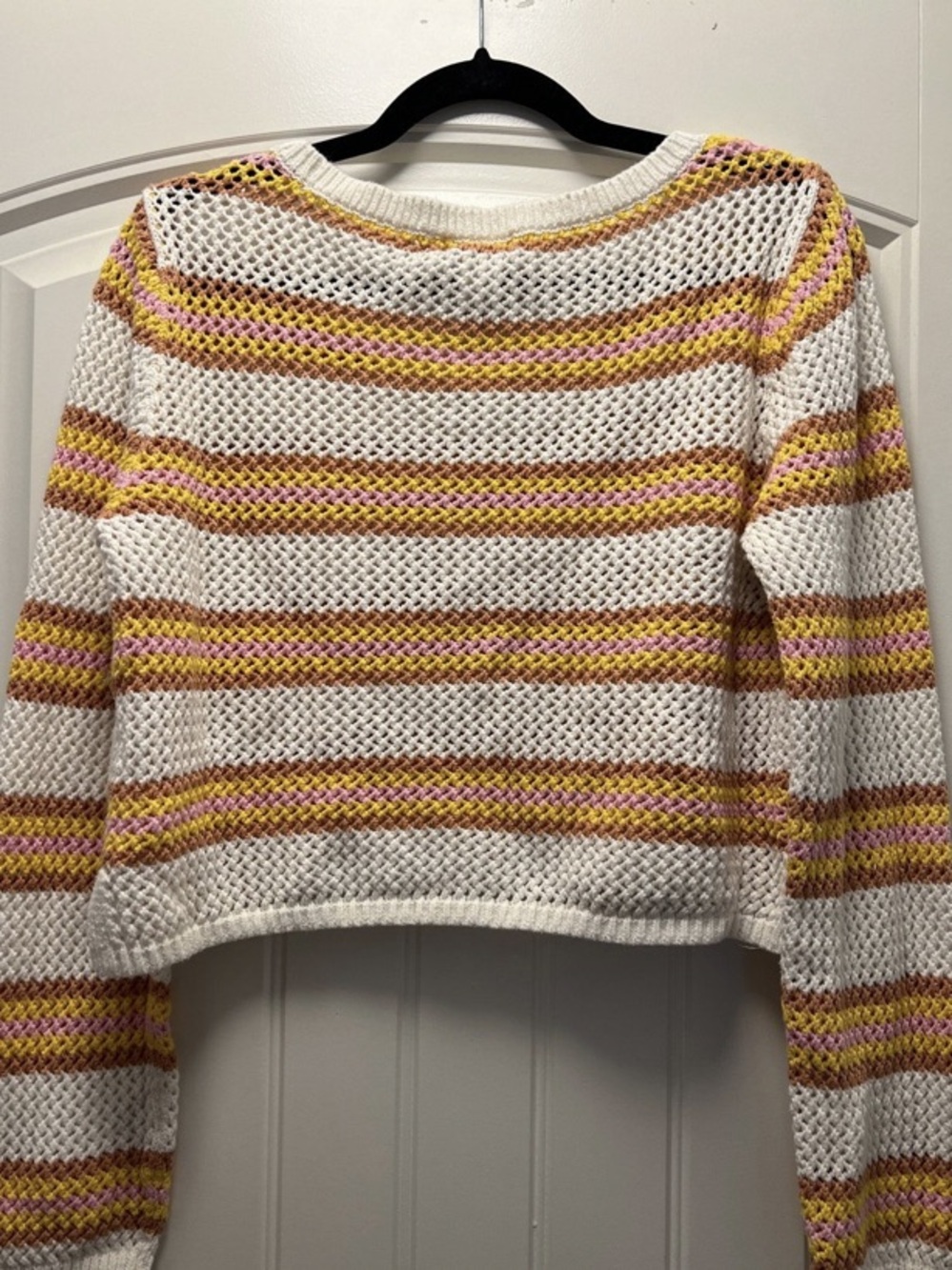 l*space Open-Knit Cropped Sweater in White with Yellow & Pink Stripes